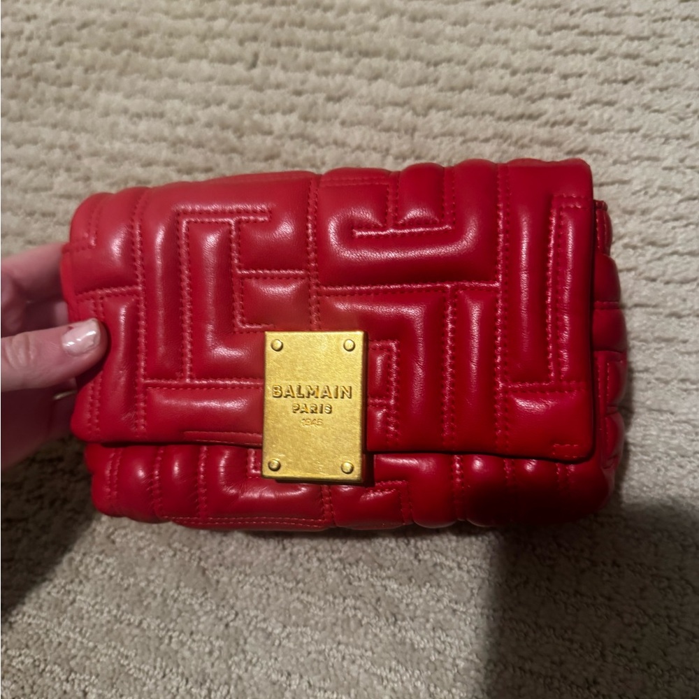 Balmain Red Quilted Clutch with Gold Accent